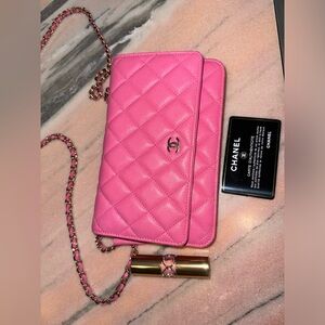 CHANEL Pink Quilted Leather Chain Wallet